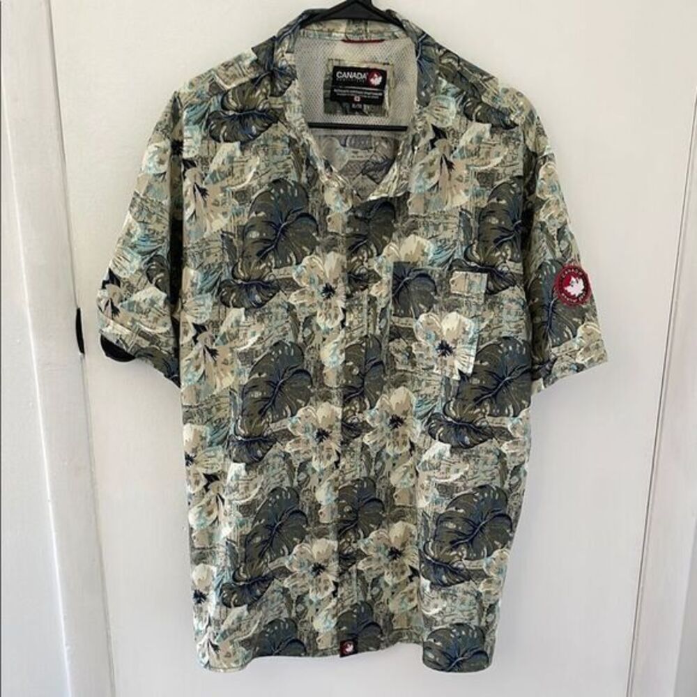 Canada Weathergear Mens Button down Short Sleeve Green/Cream Patterned Sz XL